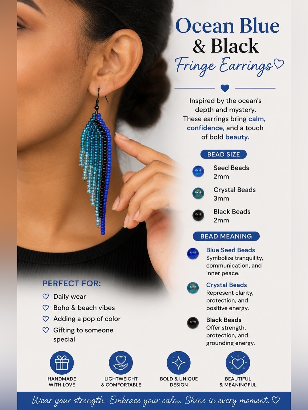 Ocean Blue & black Fringe Beaded Earrings